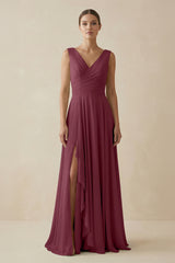 V-Neck A-Line Chiffon Ruffled Bridesmaid Dress in Desert Rose | KISSBRIDAL