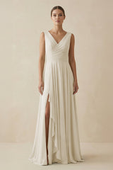 V - Neck A - Line Chiffon Ruffled Bridesmaid Dress in Dove Gray - KISS BRIDAL Bridesmaid Dresses