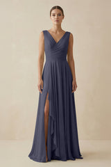 V - Neck A - Line Chiffon Ruffled Bridesmaid Dress in Dusk Blue - KISS BRIDAL Bridesmaid Dresses