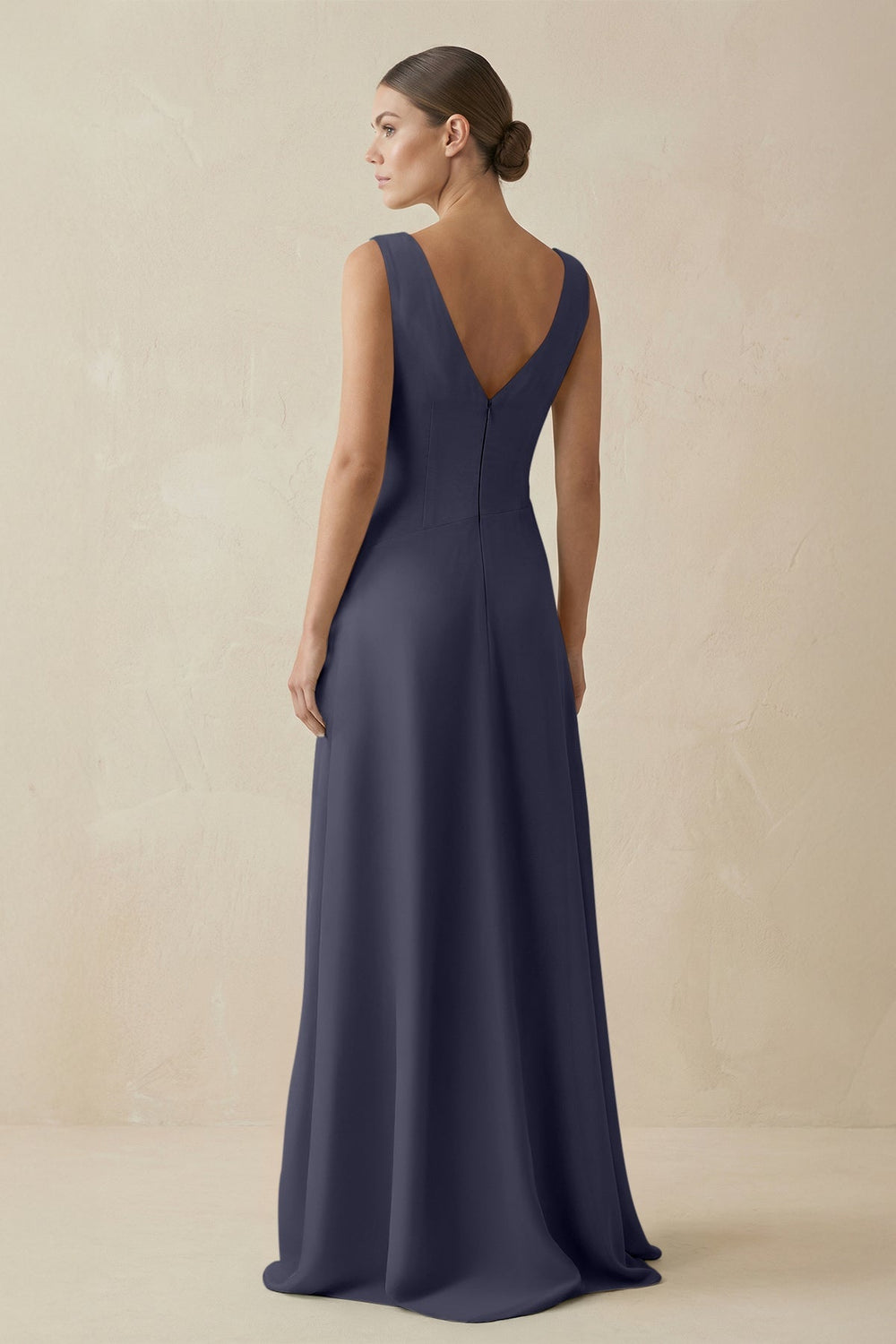 V - Neck A - Line Chiffon Ruffled Bridesmaid Dress in Dusk Blue - KISS BRIDAL Bridesmaid Dresses