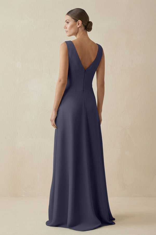V - Neck A - Line Chiffon Ruffled Bridesmaid Dress in Dusk Blue - KISS BRIDAL Bridesmaid Dresses