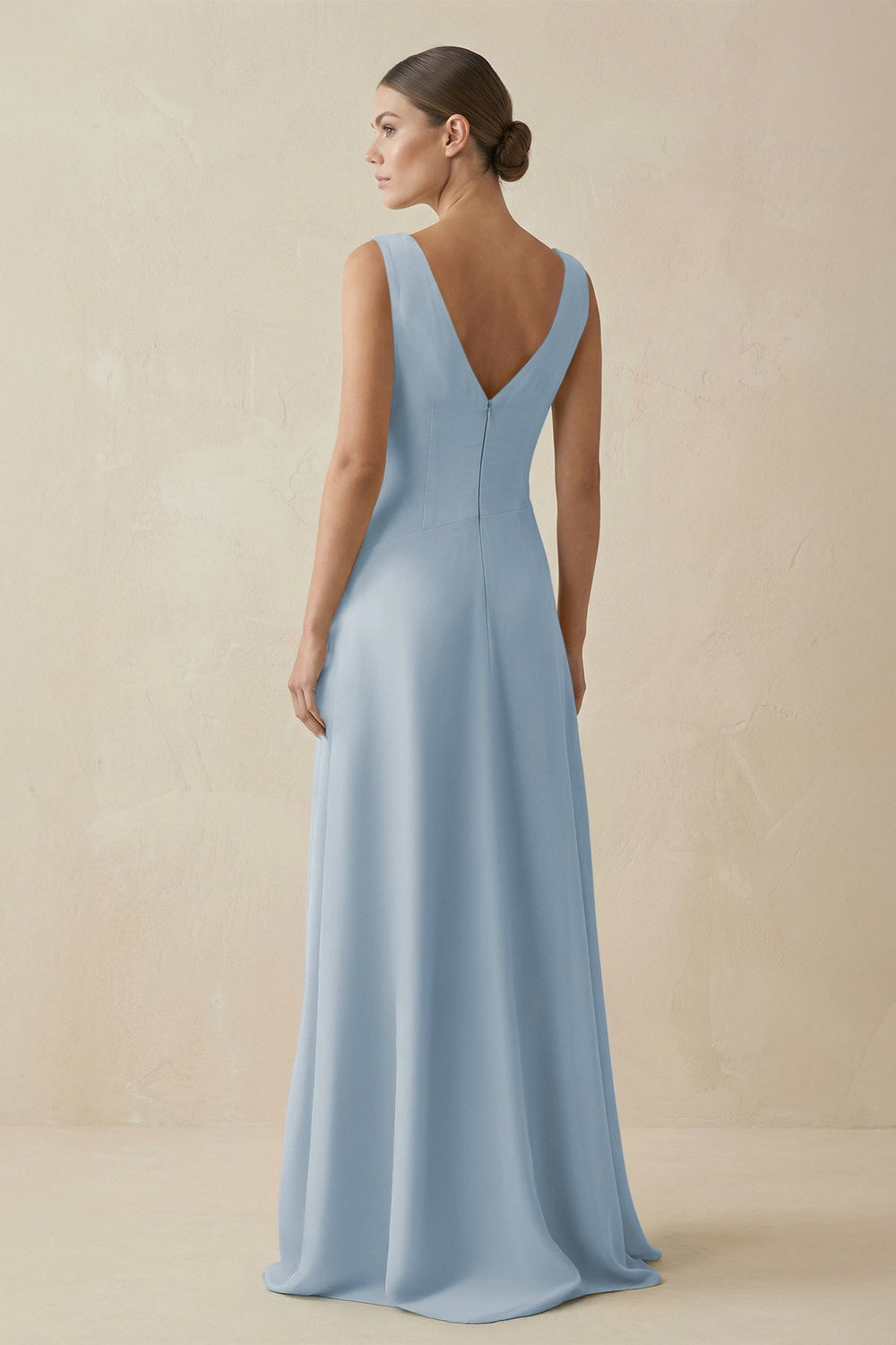 V - Neck A - Line Chiffon Ruffled Bridesmaid Dress in Dusty Blue - KISS BRIDAL Bridesmaid Dresses