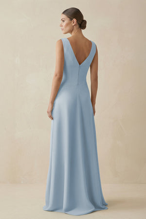 V - Neck A - Line Chiffon Ruffled Bridesmaid Dress in Dusty Blue - KISS BRIDAL Bridesmaid Dresses