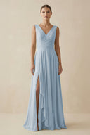 V - Neck A - Line Chiffon Ruffled Bridesmaid Dress in Dusty Blue - KISS BRIDAL Bridesmaid Dresses