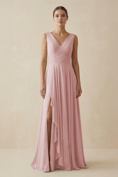 V - Neck A - Line Chiffon Ruffled Bridesmaid Dress in Dusty Rose - SHE IS ME Bridesmaid Dresses