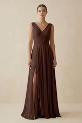 V - Neck A - Line Chiffon Ruffled Bridesmaid Dress in Espresso - KISS BRIDAL Bridesmaid Dresses