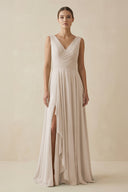 V - Neck A - Line Chiffon Ruffled Bridesmaid Dress in Frost - KISS BRIDAL Bridesmaid Dresses