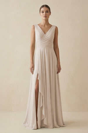 V - Neck A - Line Chiffon Ruffled Bridesmaid Dress in Frost - KISS BRIDAL Bridesmaid Dresses