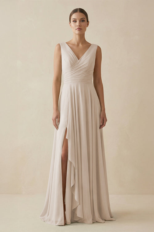 V - Neck A - Line Chiffon Ruffled Bridesmaid Dress in Frost - KISS BRIDAL Bridesmaid Dresses
