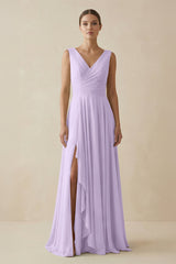 V - Neck A - Line Chiffon Ruffled Bridesmaid Dress in Lavender - KISS BRIDAL Bridesmaid Dresses