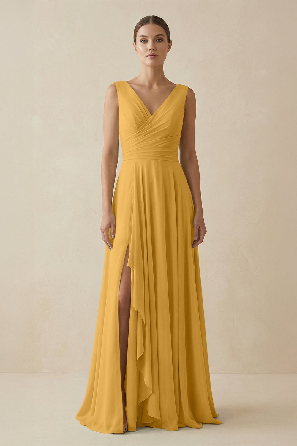 V - Neck A - Line Chiffon Ruffled Bridesmaid Dress in Marigold - SHE IS ME Bridesmaid Dresses