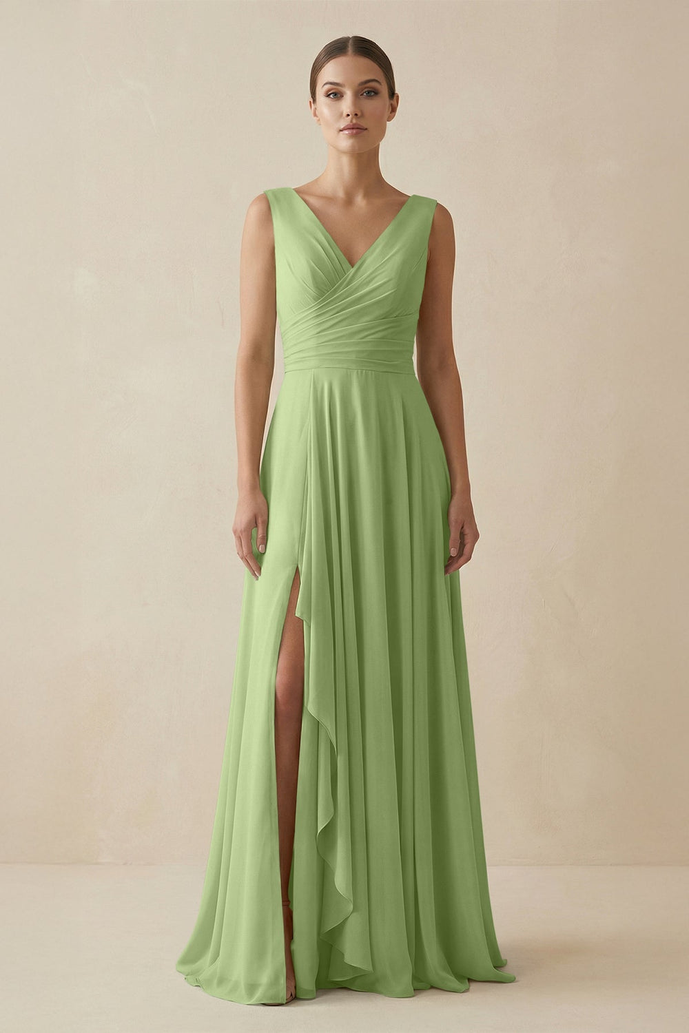 V - Neck A - Line Chiffon Ruffled Bridesmaid Dress in Matcha - SHE IS ME Bridesmaid Dresses