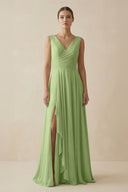V - Neck A - Line Chiffon Ruffled Bridesmaid Dress in Matcha - SHE IS ME Bridesmaid Dresses