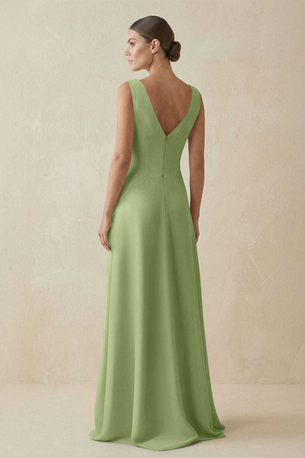 V - Neck A - Line Chiffon Ruffled Bridesmaid Dress in Matcha - SHE IS ME Bridesmaid Dresses