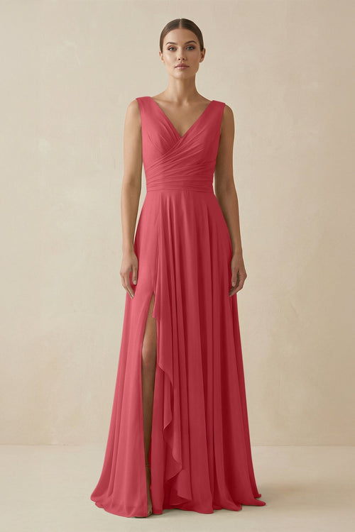 V - Neck A - Line Chiffon Ruffled Bridesmaid Dress in Merlot - SHE IS ME Bridesmaid Dresses