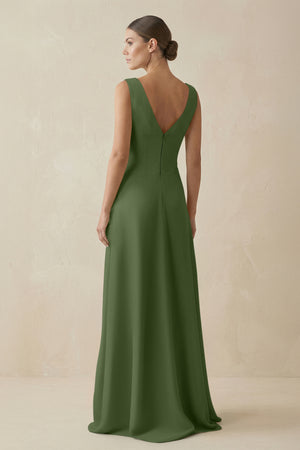 V-Neck A-Line Chiffon Ruffled Bridesmaid Dress in Moss (2) | KISSBRIDAL