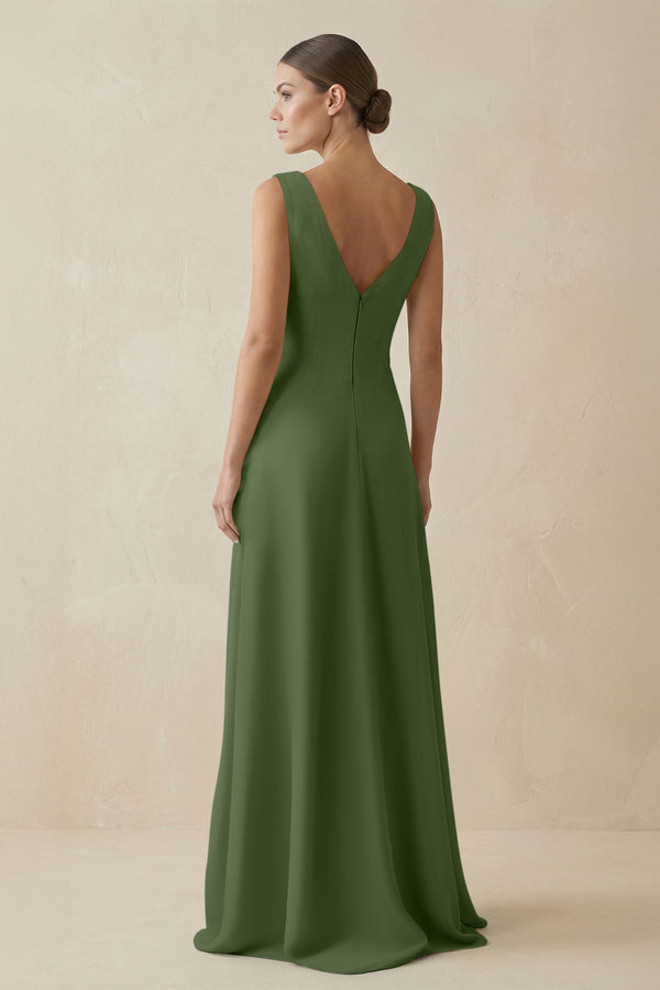 V-Neck A-Line Chiffon Ruffled Bridesmaid Dress in Moss (2) | KISSBRIDAL