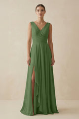 V - Neck A - Line Chiffon Ruffled Bridesmaid Dress in Moss - KISS BRIDAL Bridesmaid Dresses