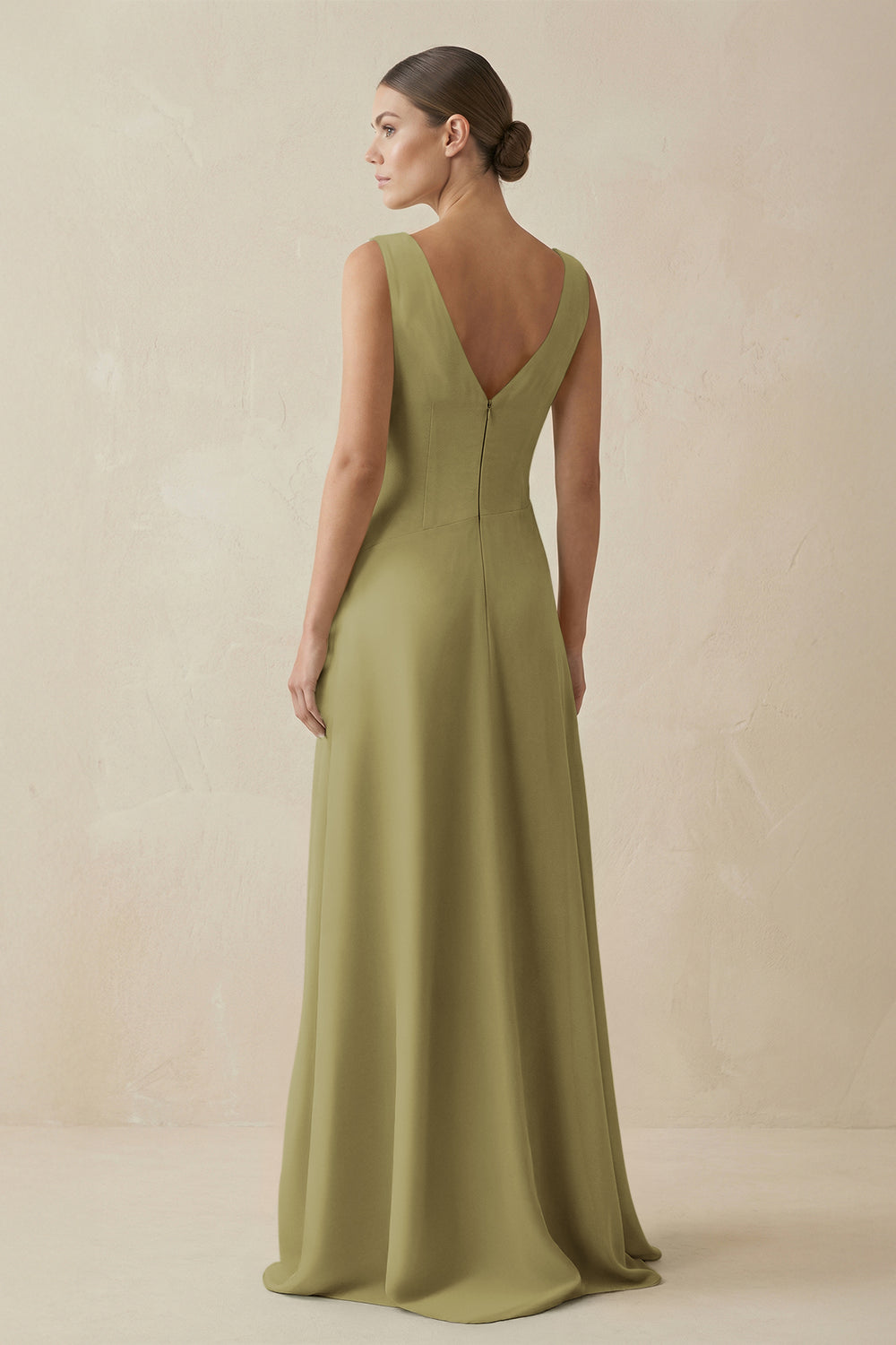 V-Neck A-Line Chiffon Ruffled Bridesmaid Dress in Moss Green