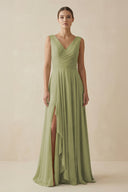 V - Neck A - Line Chiffon Ruffled Bridesmaid Dress in Moss Green - SHE IS ME Bridesmaid Dresses