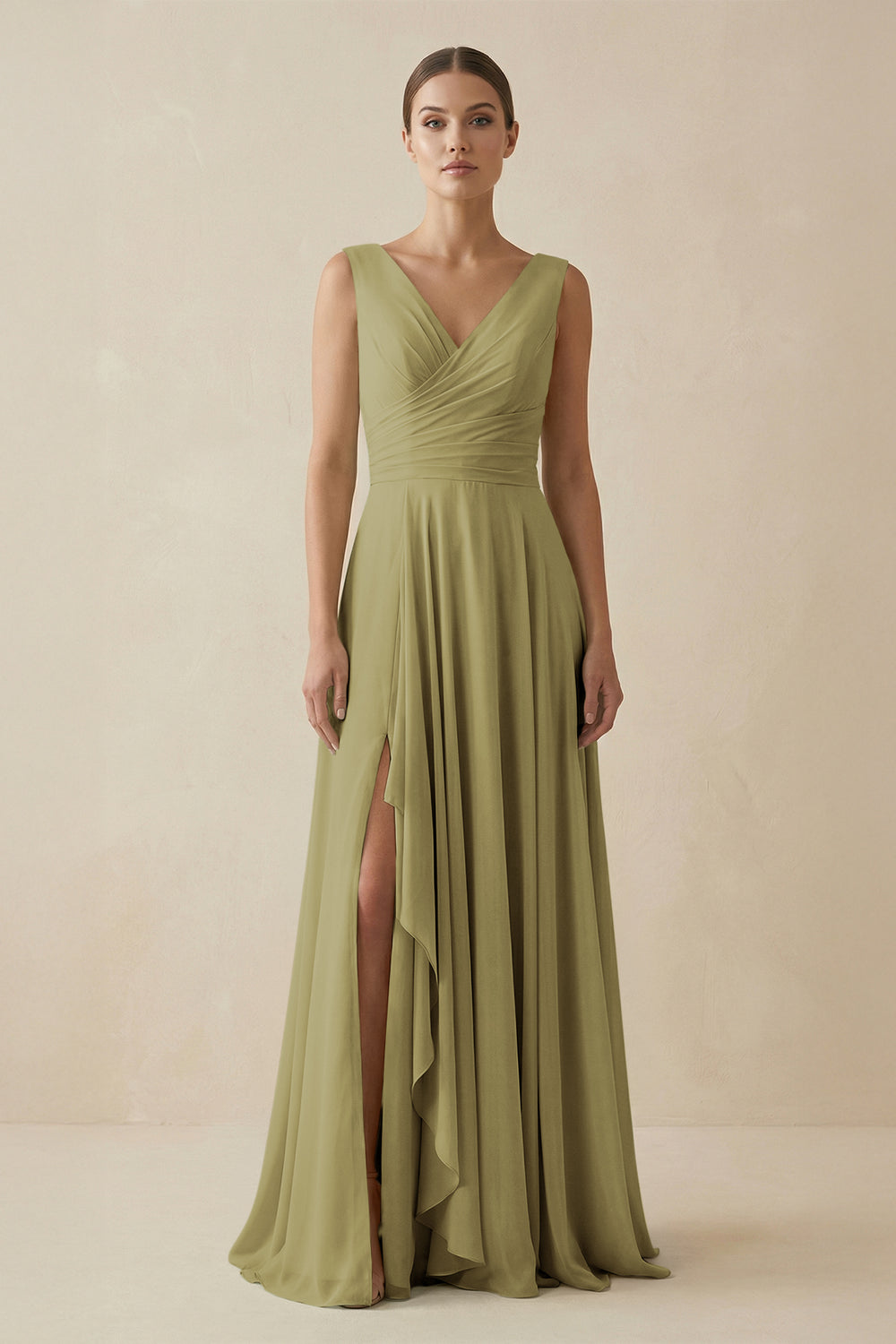 V-Neck A-Line Chiffon Ruffled Bridesmaid Dress in Moss Green