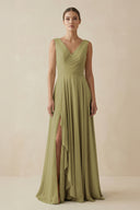 V-Neck A-Line Chiffon Ruffled Bridesmaid Dress in Moss Green | KISSBRIDAL