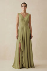 V-Neck A-Line Chiffon Ruffled Bridesmaid Dress in Moss Green | KISSBRIDAL