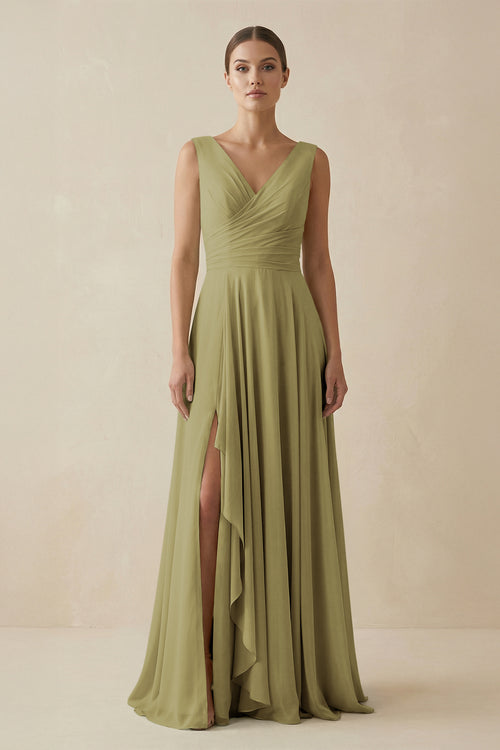 V-Neck A-Line Chiffon Ruffled Bridesmaid Dress in Moss Green | KISSBRIDAL
