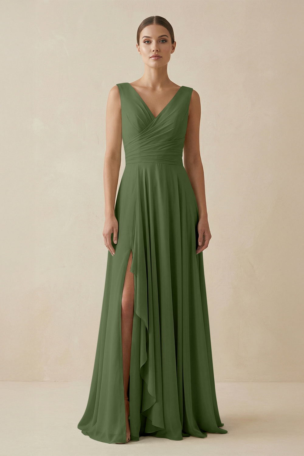 V-Neck A-Line Chiffon Ruffled Bridesmaid Dress in Moss