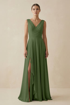 V-Neck A-Line Chiffon Ruffled Bridesmaid Dress in Moss | KISSBRIDAL