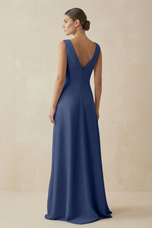 V - Neck A - Line Chiffon Ruffled Bridesmaid Dress in Navy - SHE IS ME Bridesmaid Dresses