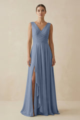 V - Neck A - Line Chiffon Ruffled Bridesmaid Dress in Neptune - KISS BRIDAL Bridesmaid Dresses