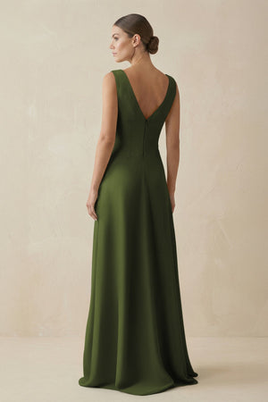V - Neck A - Line Chiffon Ruffled Bridesmaid Dress in Olive - SHE IS ME Bridesmaid Dresses
