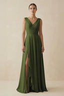 V - Neck A - Line Chiffon Ruffled Bridesmaid Dress in Olive - SHE IS ME Bridesmaid Dresses