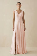 V - Neck A - Line Chiffon Ruffled Bridesmaid Dress in Pale Blush - SHE IS ME Bridesmaid Dresses