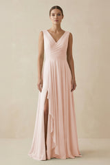 V - Neck A - Line Chiffon Ruffled Bridesmaid Dress in Pale Blush - KISS BRIDAL Bridesmaid Dresses