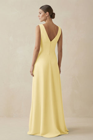 V - Neck A - Line Chiffon Ruffled Bridesmaid Dress in Pastel Yellow - KISS BRIDAL Bridesmaid Dresses