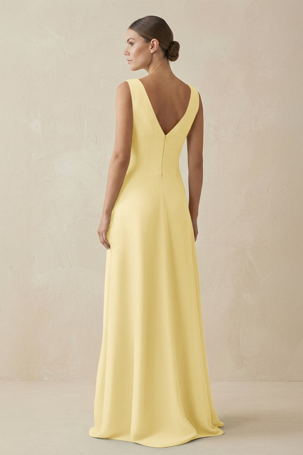 V - Neck A - Line Chiffon Ruffled Bridesmaid Dress in Pastel Yellow - KISS BRIDAL Bridesmaid Dresses