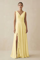 V - Neck A - Line Chiffon Ruffled Bridesmaid Dress in Pastel Yellow - KISS BRIDAL Bridesmaid Dresses