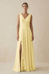 V - Neck A - Line Chiffon Ruffled Bridesmaid Dress in Pastel Yellow - KISS BRIDAL Bridesmaid Dresses