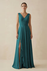 V - Neck A - Line Chiffon Ruffled Bridesmaid Dress in Pine - KISS BRIDAL Bridesmaid Dresses
