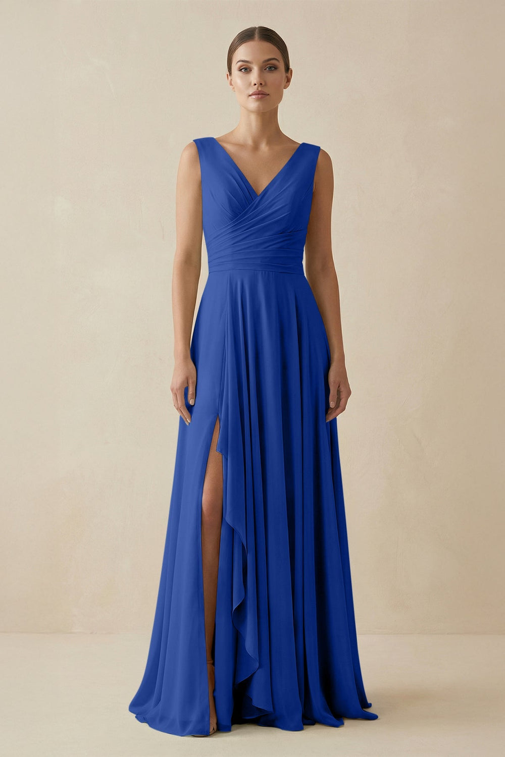 V - Neck A - Line Chiffon Ruffled Bridesmaid Dress in Royal Blue - KISS BRIDAL Bridesmaid Dresses
