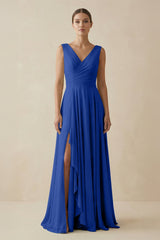 V - Neck A - Line Chiffon Ruffled Bridesmaid Dress in Royal Blue - KISS BRIDAL Bridesmaid Dresses