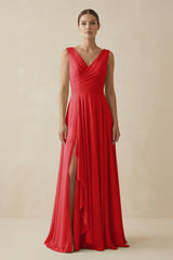 V - Neck A - Line Chiffon Ruffled Bridesmaid Dress in Ruby Red - KISS BRIDAL Bridesmaid Dresses