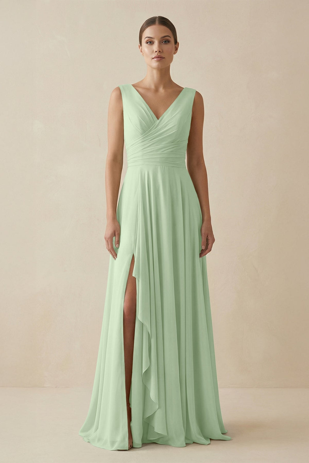 V - Neck A - Line Chiffon Ruffled Bridesmaid Dress in Sage - SHE IS ME Bridesmaid Dresses