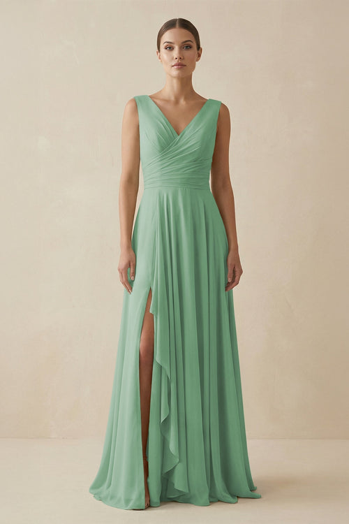 V - Neck A - Line Chiffon Ruffled Bridesmaid Dress in Sea Glass - SHE IS ME Bridesmaid Dresses
