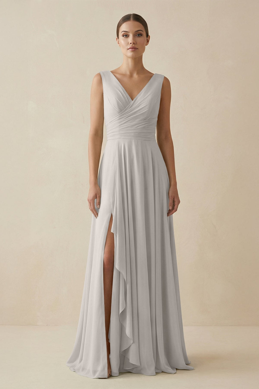 V - Neck A - Line Chiffon Ruffled Bridesmaid Dress in Silver - KISS BRIDAL Bridesmaid Dresses