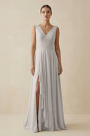 V - Neck A - Line Chiffon Ruffled Bridesmaid Dress in Silver - KISS BRIDAL Bridesmaid Dresses