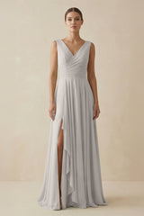 V - Neck A - Line Chiffon Ruffled Bridesmaid Dress in Silver - KISS BRIDAL Bridesmaid Dresses