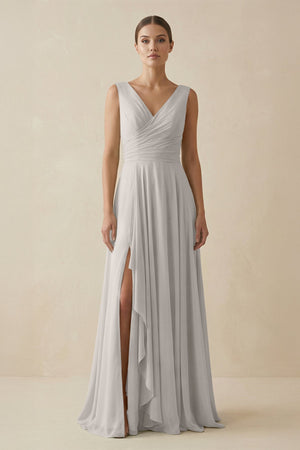 V - Neck A - Line Chiffon Ruffled Bridesmaid Dress in Silver - KISS BRIDAL Bridesmaid Dresses